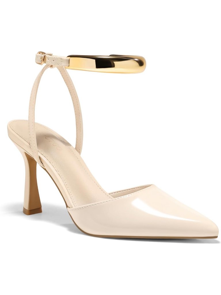 Women's Beige Faux Leather Closed Pointed Toe Ankle Strap Party Wear High Heels